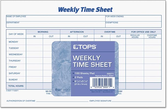TOPS Weekly Time Sheets, One-Part (No Copies), 8.5 x 5.5, 50 Forms/Pad, 2 Pads/Pack