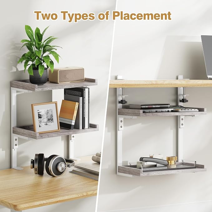 Clamp On Desk Shelf 2-Tier, Wood Shelving Unit for Office Desk/Gaming Accessories, Tabletop Book Storage Rack, Shelf for Top of Desk, Grey