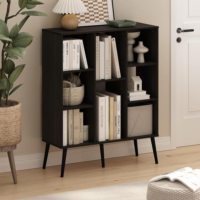 Furinno Claude Mid Century Style Book Shelf, 8-Cube Bookshelf, Cube Storage Organizer Bookcase with Wood Legs, 10.9 x 31.5 x 39.3, for Living Room, Bedroom, Home Office, Espresso