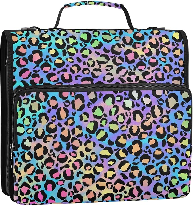 Neon Leopard Pattern 3 Ring Zipper Binder with Shoulder Strap & Handle 2 Inch D-Ring Zippered Binder Bag with Multiple Pocket & Pencil Pouch, Binder Organizer for School or Office