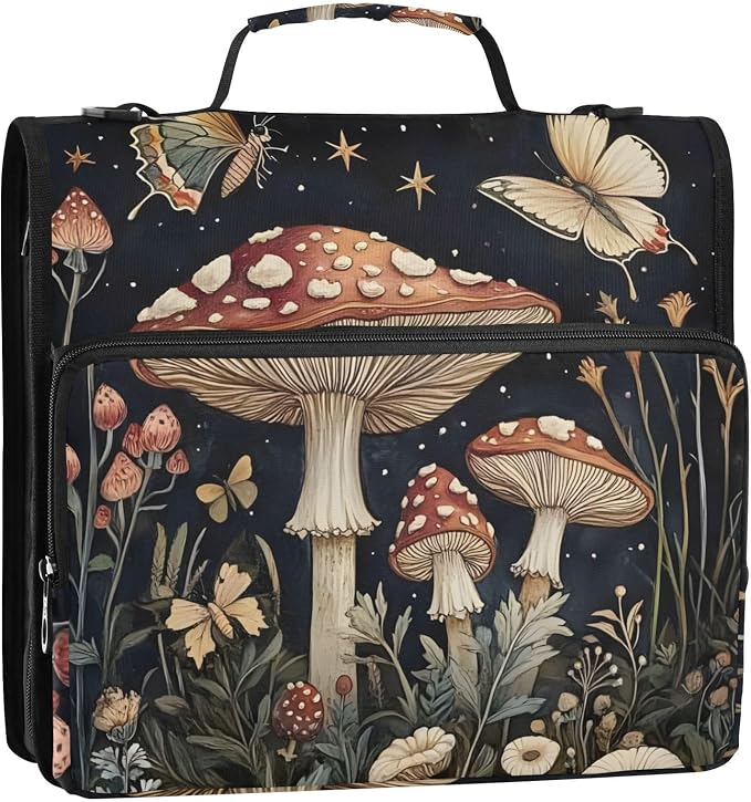 3 Ring Zipper Binder with Shoulder Strap Mushrooms Flowers Butterflies (2) 1.5 inch Binders Keeper Large Capacity Multi Pockets for School Office Supplies