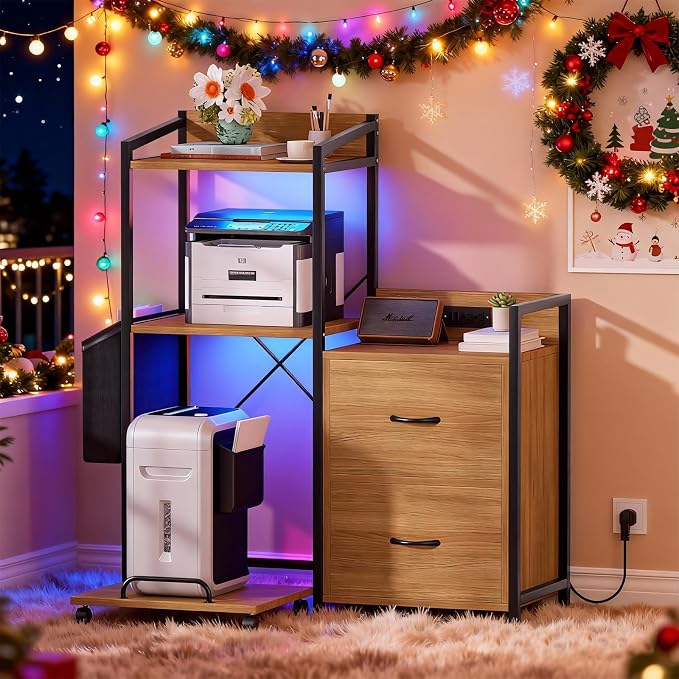 GarveeLife File Cabinet Furniture, Filing Cabinet with 2 Drawers, Rolling Printer Stand with Open Storage Shelves for Home Office, Printer Stand with Power Strip & LED Lights, 49.2" h, Natural