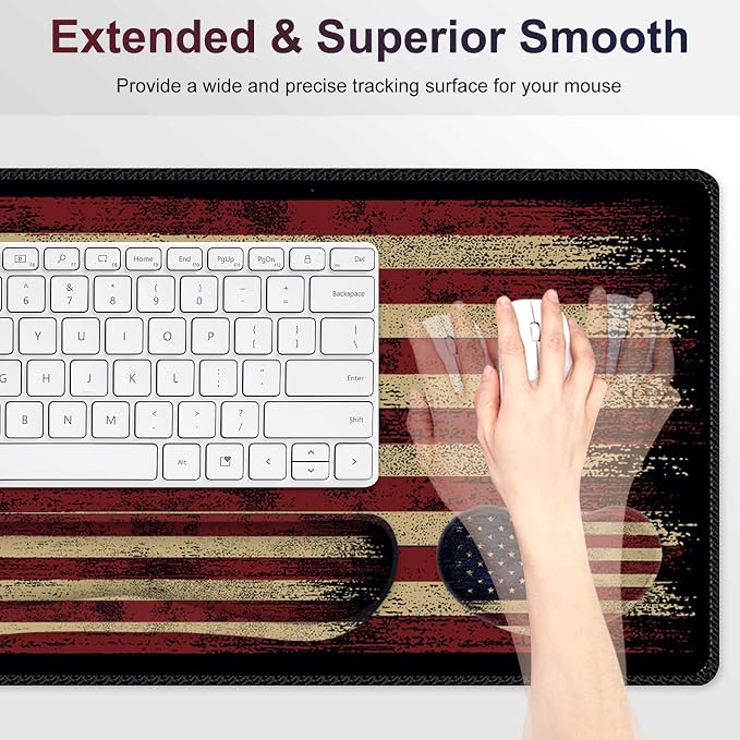 Desk Mat Pad, Gaming Mouse Pad Wrist Support Set, 4 in1 Non-Slip XXL Large Mousepad + Ergonomic Keyboard Wrist Rest+Mouse Wrist Rest+Coaster for Home Office PC Computer I Vintage American Flag
