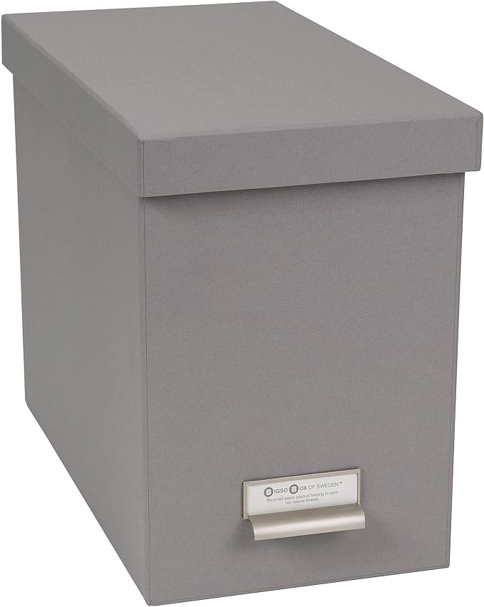 Bigso John Fiberboard Label Frame Desktop File Storage Box - Document Organizer for Important Paperwork - Durable Hanging File Box with a Lid & Metal Label Window - 7.36 x 13.38 x 10.51 in - Grey