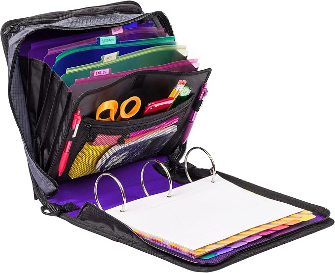 Case-it School Zipper Binder | 3" O-Rings | 600-Sheet | D-146 Purple Haze | Mighty Zip Tab, 5-Subject Expanding File Folder, Multiple Pockets, Storage Organizer, Shoulder Strap, Office