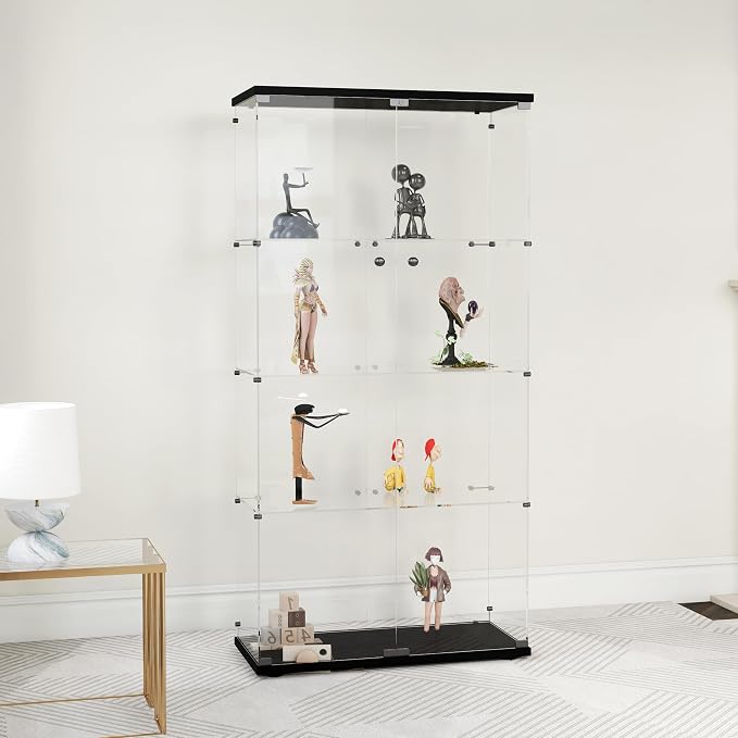 Frameless Glass Display Cabinet, Curio Cabinet Display Case with Lock and 2 Doors, Quick-Install Floor Standing Large Showcase Display Shelf for Collectibles, Legos, Figures, Plants