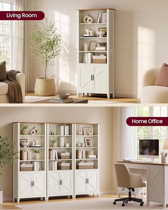 VASAGLE Liry Collection Farmhouse Bookshelf, 6-Tier Bookcase with Doors, Storage Cabinets, 24.8 x 10 x 70.7 inch, for Home Office, Living Room, Cloud White and Warm Brown ULBC134W101S