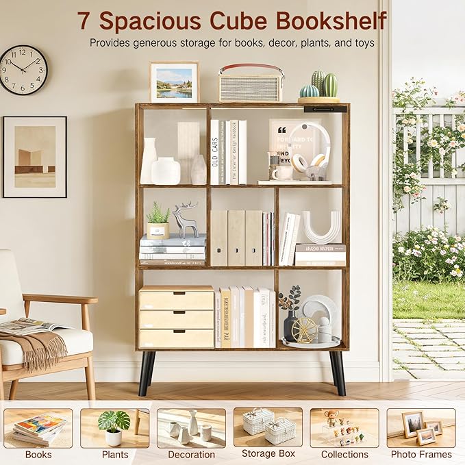 7-Cube Bookshelf with LED Lights, Touch & Remote Control, Freestanding Open Bookcase Storage Shelf, Dimmable Modern Wooden Display Organizer with Legs for Living Room, Bedroom (Rustic Brown)