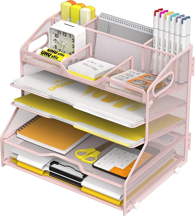 YINGHUA 5-Tier Mesh Desk Organizer, Letter Tray - Pink | Sturdy steel mesh with 3 sliding trays, 2 handles, 6 adjustable top sections. U-shaped design for easy access to office files