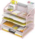 YINGHUA 5-Tier Mesh Desk Organizer, Letter Tray - Pink | Sturdy steel mesh with 3 sliding trays, 2 handles, 6 adjustable top sections. U-shaped design for easy access to office files