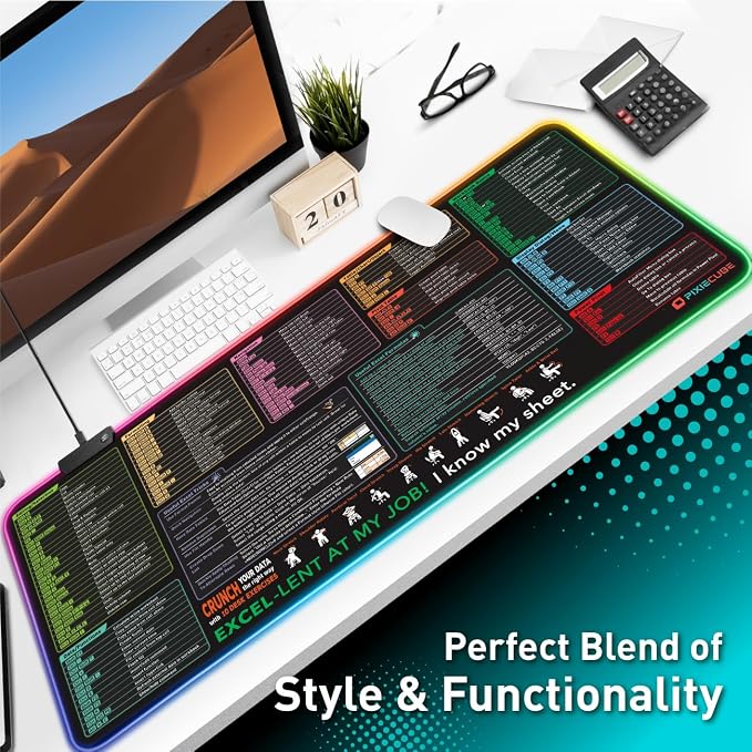 Excel Cheat Sheet LED Desk Pad | Excel Shortcut Keys Mouse Pad - Colorful RGB Luminous Extended Large Gaming Mousepad| PC Office Spreadsheet Keyboard Mat| Non-Slip Stitched Edge Desk Mat