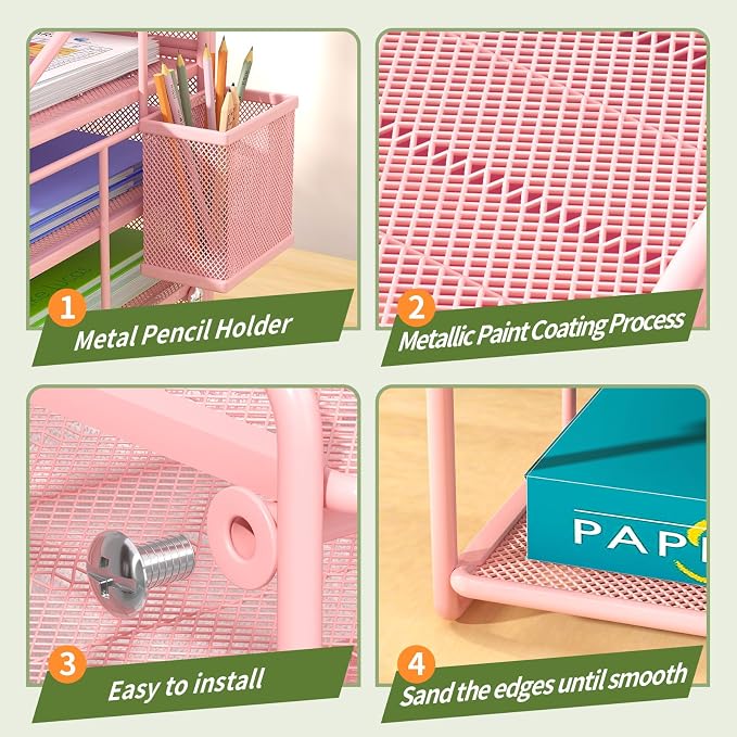Pink 7 Tier Desk File Organizer, Metal Letter Tray Paper Organizer with Pull-Out Drawer, Removable Pen Holder & Hanging Basket, Vertical Desktop File Holder for Home Office, Classroom