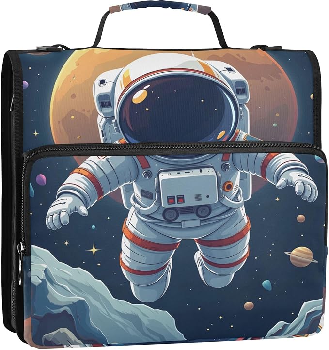 MNSRUU 3 Ring Binder Bag, 2 Inch D-Rings Easily Organizes 1 Inch Fits Letter Sized Paper, Cute Astronaut Large 3 Hole Zipper Binder Organizer for School Office Supplies