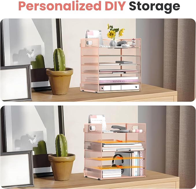 Daltack 6-Tier Paper Organizer for Desk with Handle, Rose Gold, 2 Pack | Sturdy Metal Mesh Organizer with Movable Middle Trays and a Carry Handle for Papers, Folders and Office Supplies
