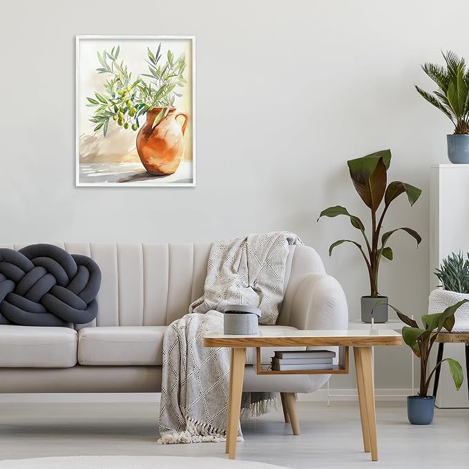 'Olive Branch in Terracotta Vase'| Framed Giclee Art | Stupell Industries | White, 16 x 20 Inches, Easy to Hang and Sturdy, Made in USA, by LSR Design Studio