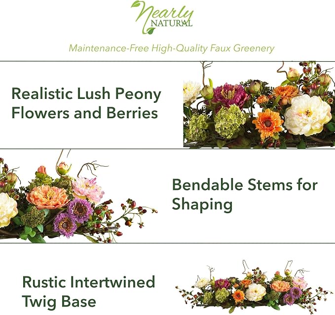 Nearly Natural 4665 Mixed Mini Peony Centerpiece Silk Flower Arrangement,10"D x 34"W x 6.5"H | Plush Pastel Petals, Rustic Intertwined Twigs, Maintenance-Free, Dining Table or Fireplace Mantel Accent