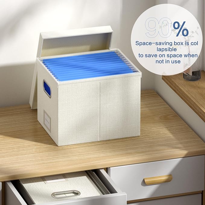 File Organizer Box - File Boxes for Hanging Files with Lid Set of 2 Decorative Hanging Folders Organizer with One-Piece Plastic Frame Slides (Beige White, 13.2 * 10.1 * 10.1in(2Pack))