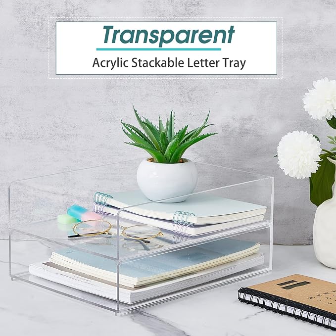 2 Pcs Acrylic Desk Organizers and Accessories Tier Paper File Organizer Tray Stackable Document Clear Desk Accessories for Office Workspace Organization (12.01 x 9.25 x 2.68 Inch)