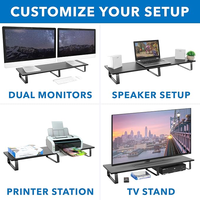Mount-It! 39" Extra Long Dual Monitor Stand Riser – Ergonomic Desk Organizer for 2 Monitors, Laptop, TV, or Printer – Heavy-Duty Steel & Wood Desktop Shelf with Storage – Supports 44 Lbs – Black