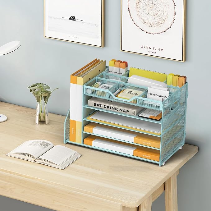 5 Tier Paper Letter Tray Desk Organizer with Pen Holders - Blue | Features 3 pen holders and 4 removable dividers.Versatile mesh desktop storage for mail, document,office supplie