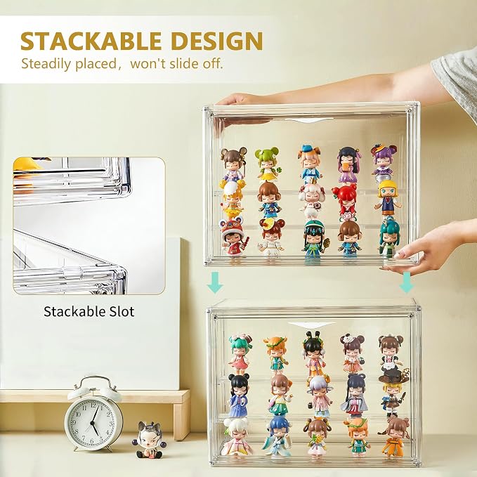 3 Layer Acrylic Display Case Stackable Clear Box for Collectibles,2 Pack | Removable Adjustable Partitions & Magnetic Door,Interlocking Stable Design,Dustproof Cover for Figurine Storage