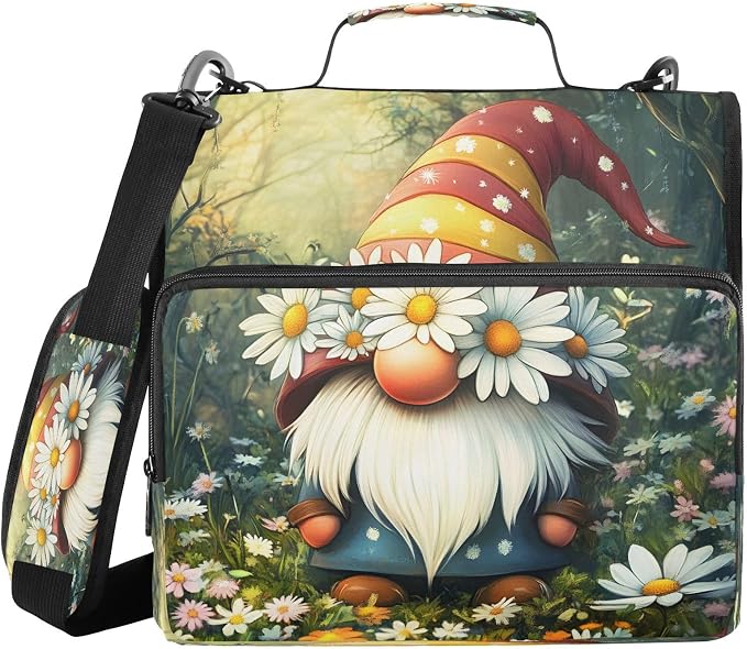 ALAZA Zipper Binder 3 Ring Cute Gnome Daisy Binder Organizer with Zipper and Shoulder Strap Large Capacity Multi-Pocket Trapper Keeper File Folder for Office Supplies