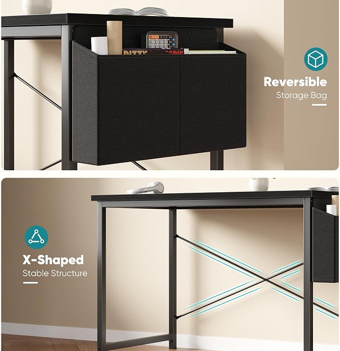 OLIXIS Computer Desk, 55 Inch Gaming Desks for Home Office Small Spaces | Writing Study Craft Work Table, Computer Workstation for Bedroom with Storage Bag, Black