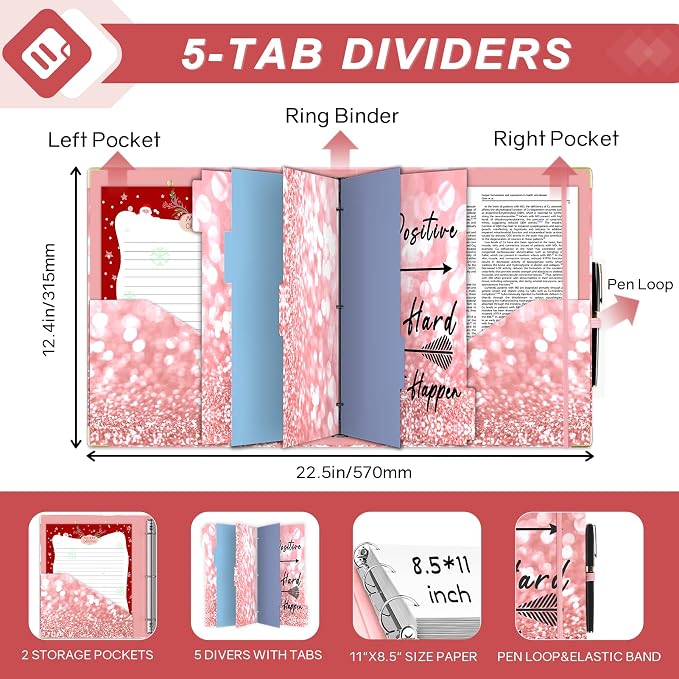 EYROZILL 3 Ring Binder 1 Inch for Letter-Size Paper with 5-Tab Dividers, Cute Pink 8.5" x 11" Three Ring Binders with Clipboard for Women School Office Supplies, Stay Positive