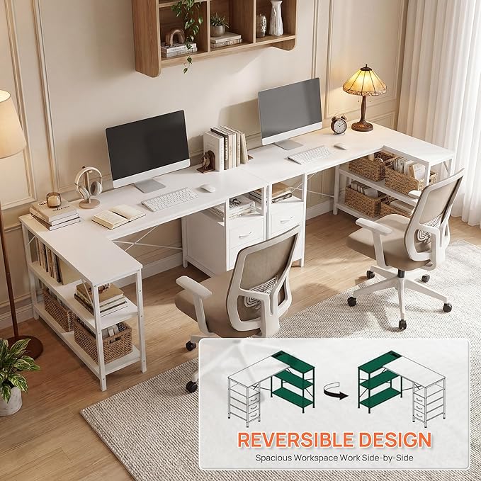 Alpen L Shaped Computer Desk, 47.2 Inch Corner Desk with Drawers and Power Outlets, Home Office Desk for Gaming, Study Writing PC Table with Storage and Reversible Shelf, White