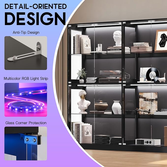 AMERLIFE 75-Inch RGB Display Cabinet with Glass Shelves | 70 H x 75 W x 16 D In, 4-Tier Storage, RGB LED Lights, Press-to-Open Doors, for Collectibles, Black