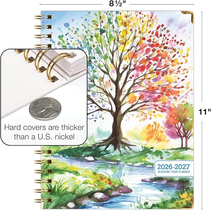HARDCOVER Academic Year 2026-2027 Planner: 14 Months (May 2026 Through June 2027) 8.5"x 11" Daily Weekly Monthly Planner Yearly Agenda. Bookmark, Pocket Folder and Sticky Note Set (Tree Seasons)
