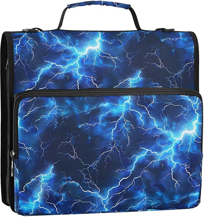 Blue Electric Lightning 3 Ring Binder Bag 1.5 inch Binder Organizer with Zipper Shoulder Strap 500 Sheet Documents Storage for School Office
