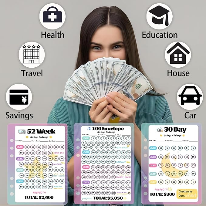 2 Pack 100 Envelopes Money Saving Challenge, Cash Budget Planner A5 Binder | Savings Challenges Book Organizer Folder with 3 Tracker to Save $5,050 $2,600 $300, 100 Pre-numbered Pockets, Black & Red