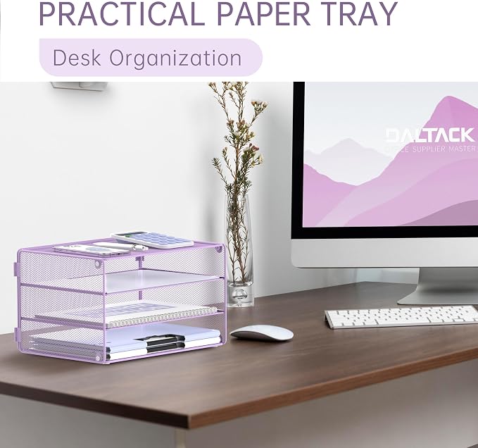 DALTACK 3 Tier Letter Tray Paper Organizer with Sliding Mesh Trays Purple | Metal Mesh File Organizer with Sliding Trays for Letter and A4 Paper, Mail, Bills, Folders and Office Documents