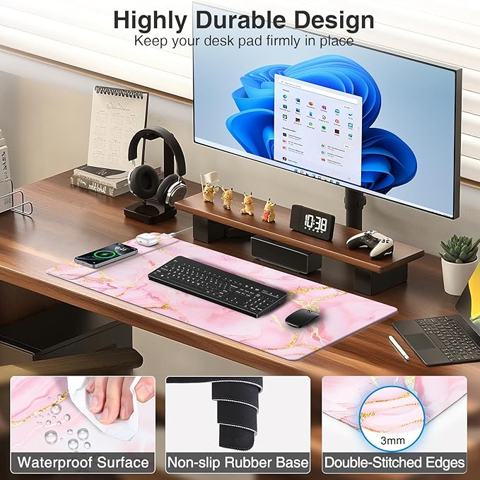 Pink Marble Mouse Pad with 15W Wireless Charging, with 20W Adapter | Large Gaming Desk Pad/Mat for Women Girls, Waterproof Ultra-Smooth Surface, Non-Slip Base, with 20W PD Adapter