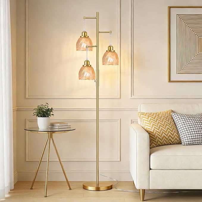 ROTTOGOON Dimmable Gold Floor Lamps for Living Room, Vintage Tree Standing Lamp with Glass Shades, 3 Light Mid Century Flower Floor Lamps for Bedroom, Office, 6W, Brushed Gold & Amber Shades
