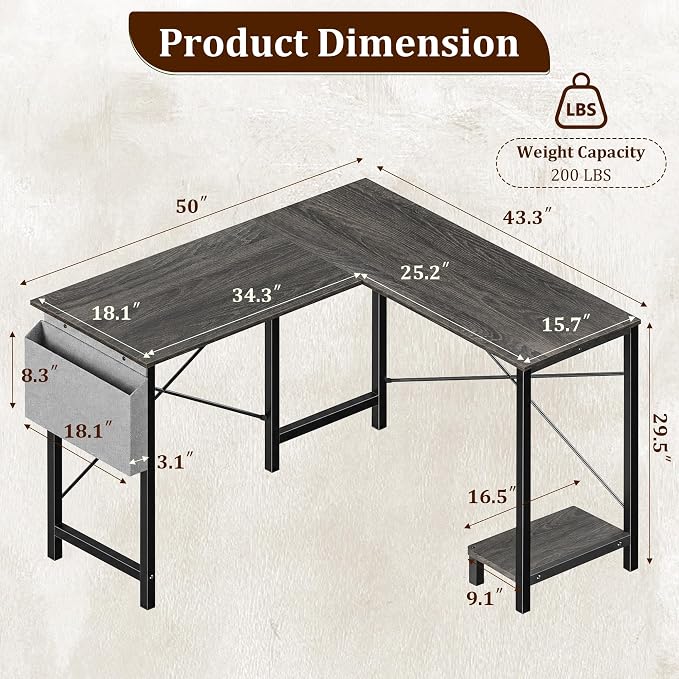 Alpen Gaming Desk, Home Office L Shaped Desk, Small Computer Corner PC Table with Side Bag and Reversible Shelf, Sturdy Writing Workstation for Bedroom, Living Room, Grey