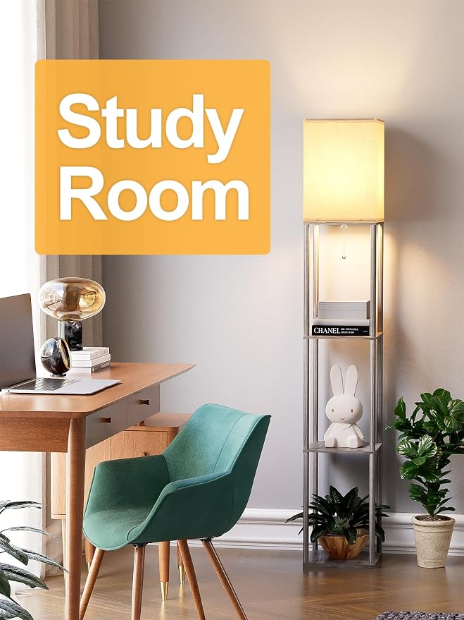 Floor Lamp with Shelves for Living Room Oak Gray, Shelf Floor Lamp with 3 CCT LED Bulb, Corner Display Standing Column Lamp Etagere Organizer Tower Nightstand with White Linen Shade for Bedroom Office