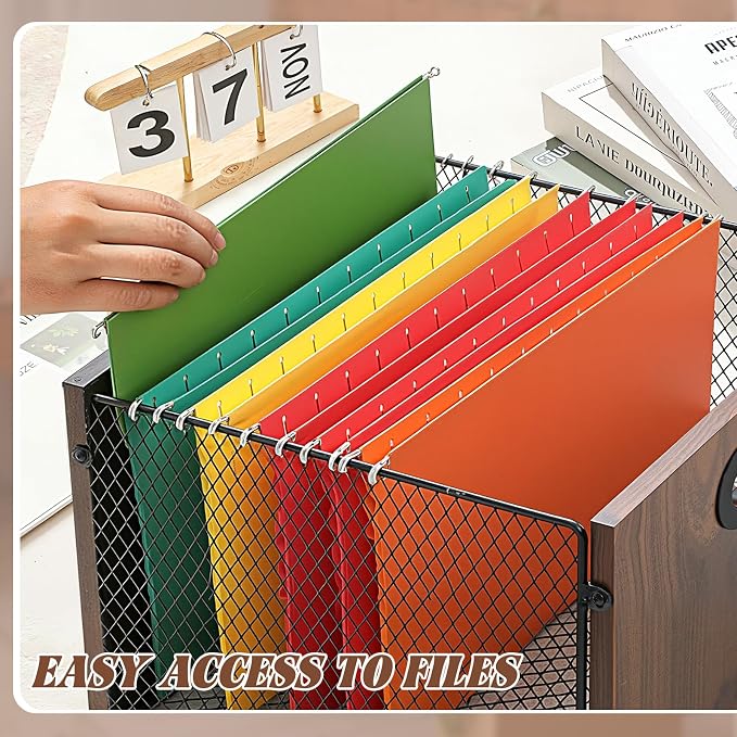 Yalikop Rustic Brown Wood File Box Organizer, Hanging Folder Storage Boxes, Filing Crate Bin Holder with Handle for Home Office Desk, Letter Size