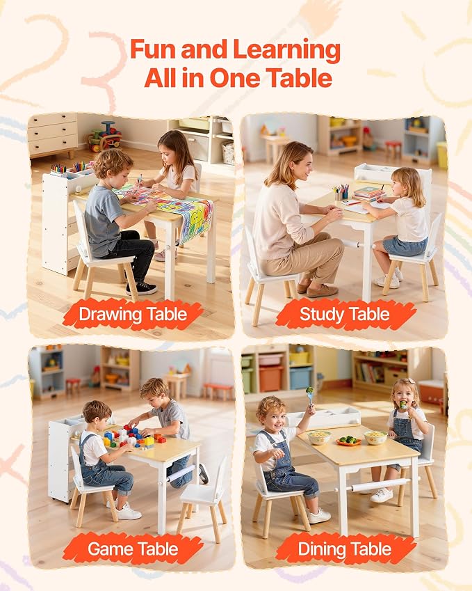 VEVOR Kids Art Table and Chair Set, Toddler Activity Table with Storage, Wood Kids Craft Desk with Paper Roll for Drawing, Reading, Writing, Kid Play Table for Nursery, Playroom, Classroom, White