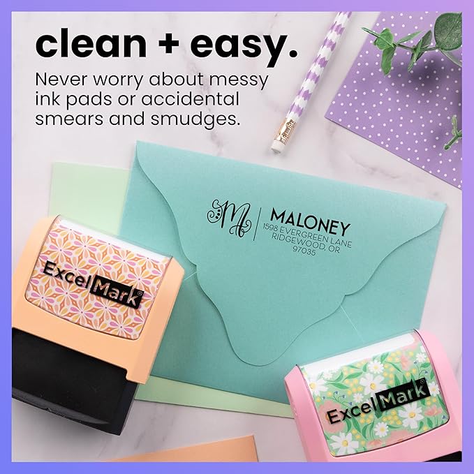 ExcelMark Address Stamp - Custom Return Address Stamp with Elegant Designs, Vibrant Colors & Patterns – Perfect for Mail, Invitations & Gifts (Pink Mount, Script Swirl)