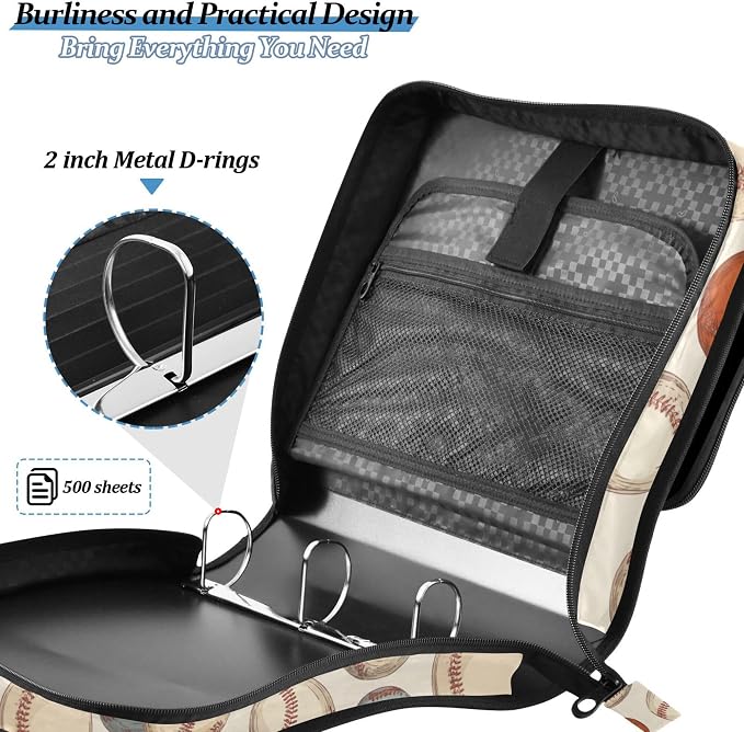 Fisyme Vintage Baseball Sport Zipper Binder 3 Ring with Zipper and Shoulder Strap Large Capacity Multi-Pocket Binder Organizer