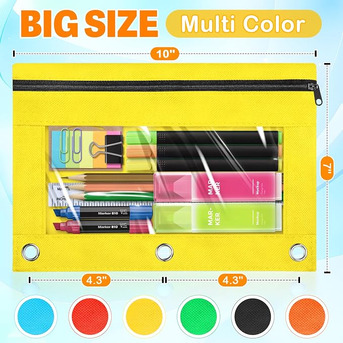 Pencil Pouch for 3 Ring Binder, 160 Packs Zipper Pencil Pouch Bulk 6 Colors | Pencil Case for Binder with Clear Window, Pencil Pouches Bulk for School Classroom, Teacher Students Supplies Bulk