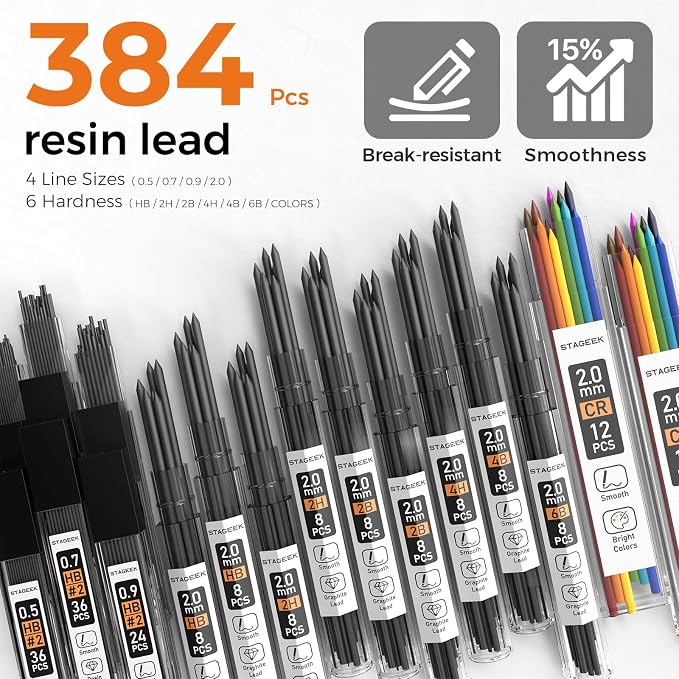 STAGEEK 35PCS Mechanical Pencil Set, 0.5 0.7 0.9 2.0mm Art Pencils, Silver | 384PCS Lead Refills (6B 4B 2B HB 2H 4H Colors),Sharpener, Erasers,Technical Drawing Kit for Writing, Sketching and Drafting