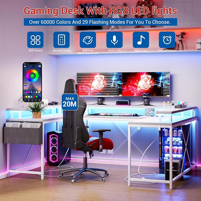 Reversible u Shaped to l Shaped Computer Desk with RGB Lighting & Charging Station, 79 Inch Home Office Workstation with Full Monitor Stand, Heavy Duty Gaming Desk Supporting 600LBS, Multiple Color Op
