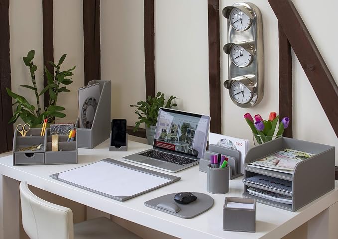 OSCO Faux Leather Mail Sorter & Envelope Organiser – Desk File Storage Stand with Display Slots – Modern Letter Holder Tray Minimalist Home & Office – Grey