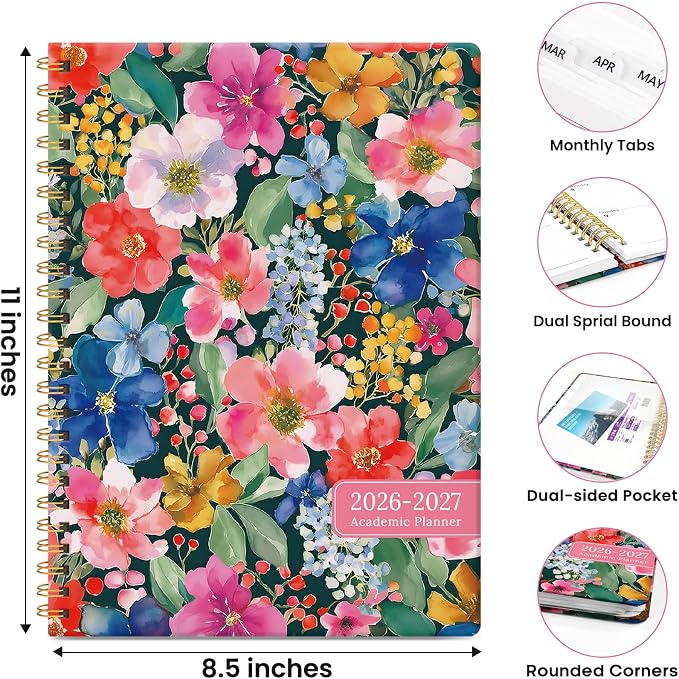 Planner 2026-2027, Academic Year Monthly & Weekly Planner Caledndar, July 2026 - June 2027, Hardcover Large Planning Agenda Book with Tabs for School Office Supplies, 8.5" x 11" - Petal Harmony