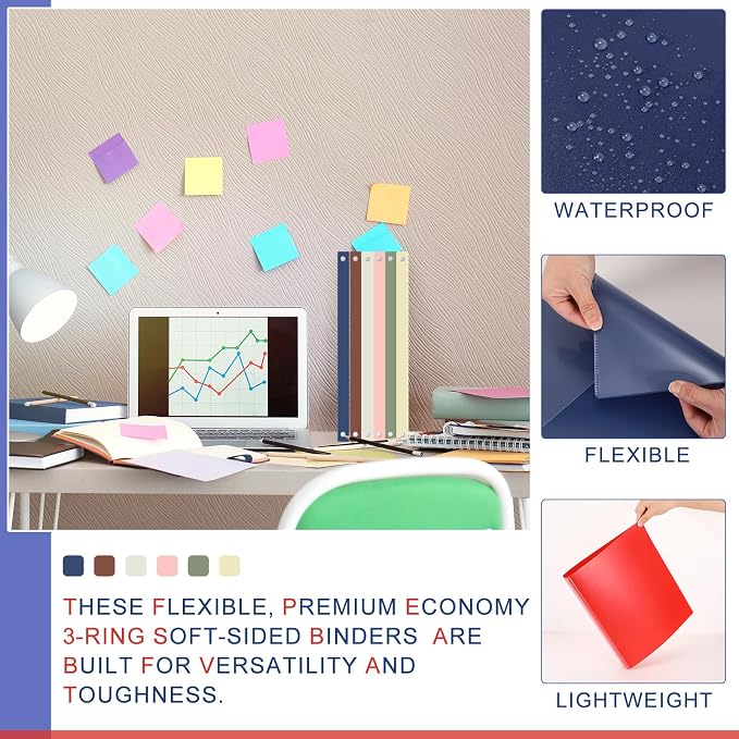 Fulmoon 6 Pack 0.5 Inch Plastic 3 Ring Binders with Pockets, Morandi Colors | Flexible Covers with Round Rings and Front Pockets for Organizing Papers at School, Office, Meetings and Presentations