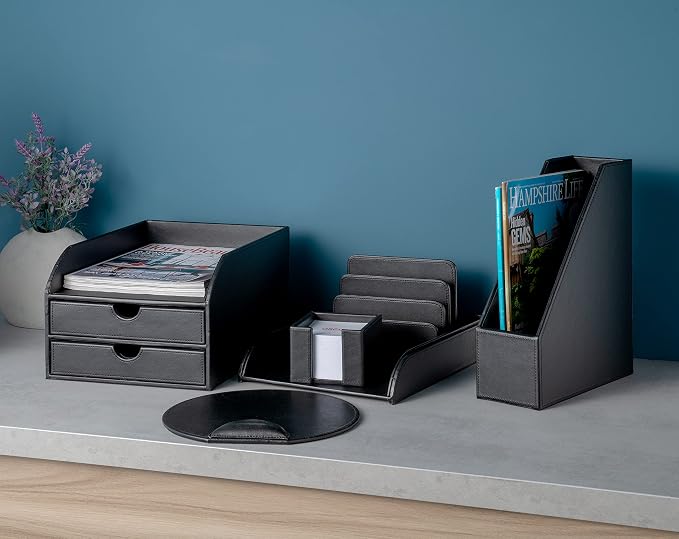 OSCO Black Faux Leather Letter Holder | Mail Sorter | Post Rack | Envelope Organiser | Document Stand | Desk File Storage | Display Slots | H14 x W17.5 D10 cm |