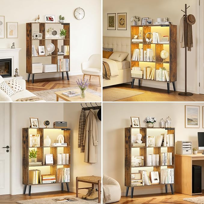 7-Cube Bookshelf with LED Lights, Touch & Remote Control, Freestanding Open Bookcase Storage Shelf, Dimmable Modern Wooden Display Organizer with Legs for Living Room, Bedroom (Rustic Brown)